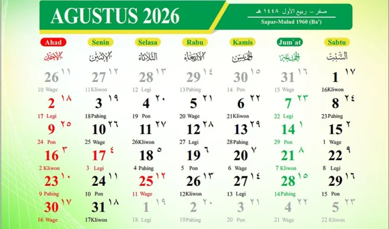 Kalender Jawa 25 Agustus 2026: Weton Selasa Wage, Tanggal Jawa, dan Hijriah